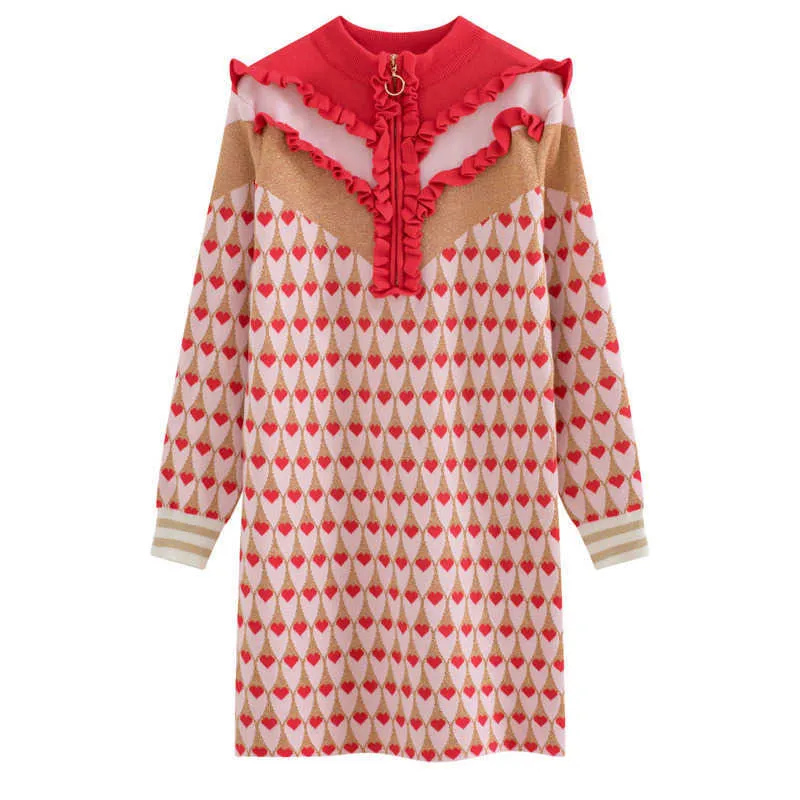Korea Höst och Winter Stand Collar Fullständiga ärmar Red Contrast Colors Zippers Pullover Knitting Dress Y089 210603