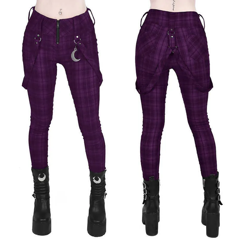 Pantalon à carreaux femmes gothique Punk pantalon taille haute mode serré multi poche fermeture éclair Y2k longs bas Streetwear Woemn crayon 210925