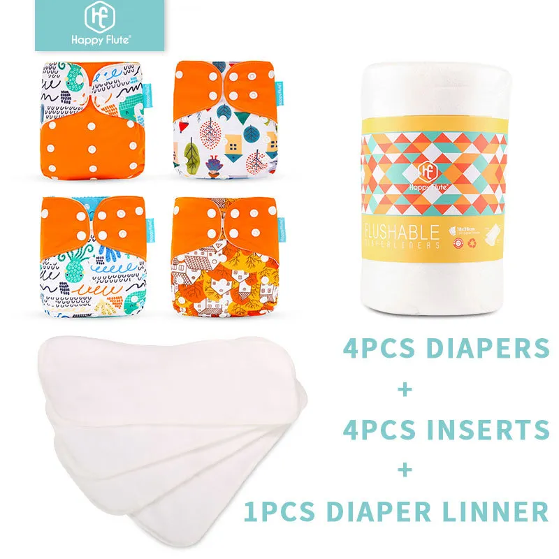 Pañales HappyFlute 4 inserciones + 1 pañal desechable Tamaño de forro ajustable lavable reutilizable, adecuado para bebés de 3 ~ 15 kg 210312