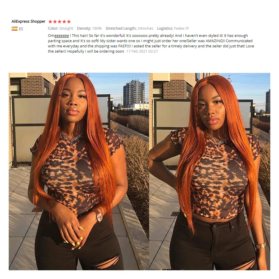 Orange Ginger Long Straight 13x4 Front Lace Real Wig Pre-Drawn Brazilian Waves 180% Density Remy Glueless Lace Closure Wig for Women