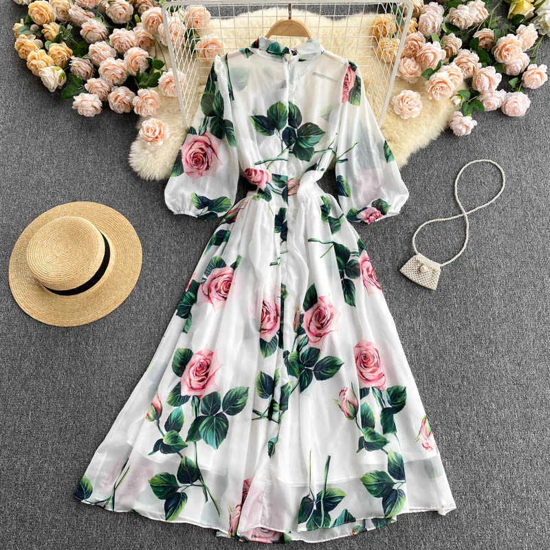 White Floral Printed Long Dress Women Bow Collar Puff Sleeve A-Line Chiffon Vestidos Spring Autumn Casual Robe Female 2021 New Y0603