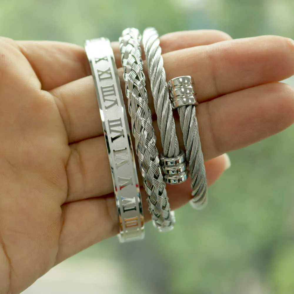 Borasi 3 pçsset luxo 316l pulseira de aço inoxidável trança pulseiras abertura manguito pulseiras para homem incrível 2109182560532