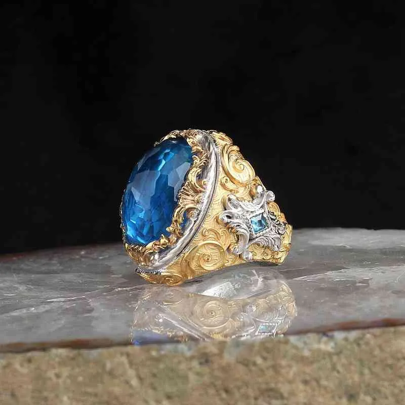 Anello da uomo placcato oro Argento sterling 925 Topazio blu con pietre preziose Gioielli maschili gioielli da donna 211217