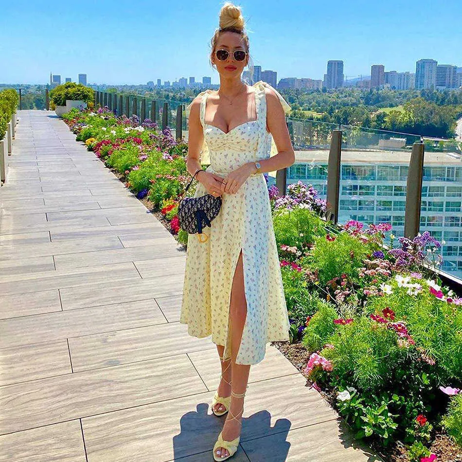Women Summer Floral Print Midi Dress Bohemian Hippie Beach Ladies Bow Lace-Up Casual Vacation Clothing Female Vestidos 210527