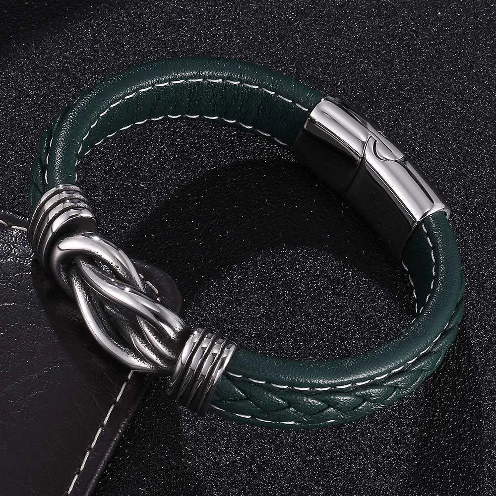 Dropsipping Punk Jewelry Men Leather Bracelet Irregular Winding Graphic Stainless Steel Magnet Clasp Male Wristband Man Gifts Q0717