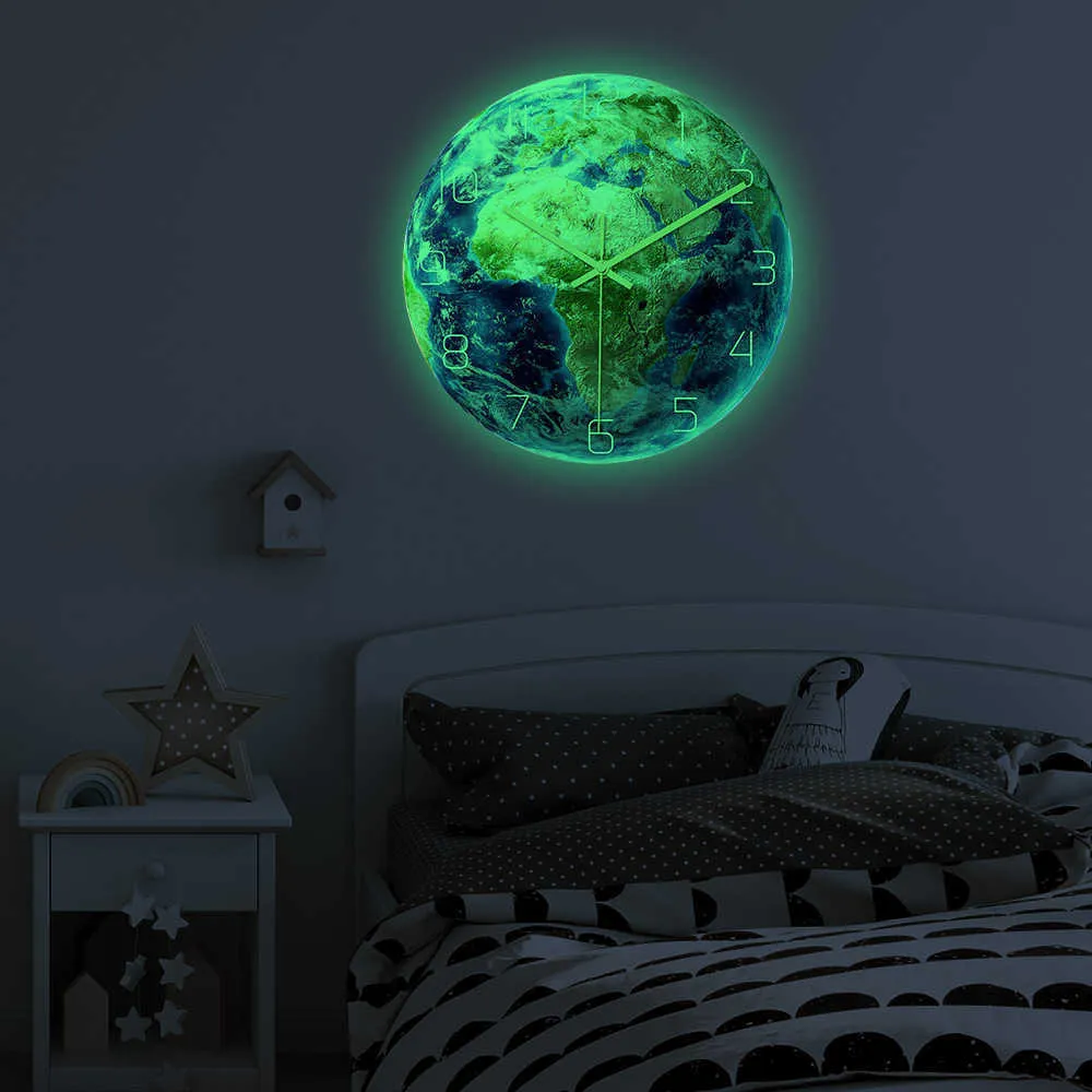 Luminous 지구 디지털 벽 시계 홈 장식 거실 침실 라운드 아트 쿼츠 시계 아크릴 형광 장식 시계 210930