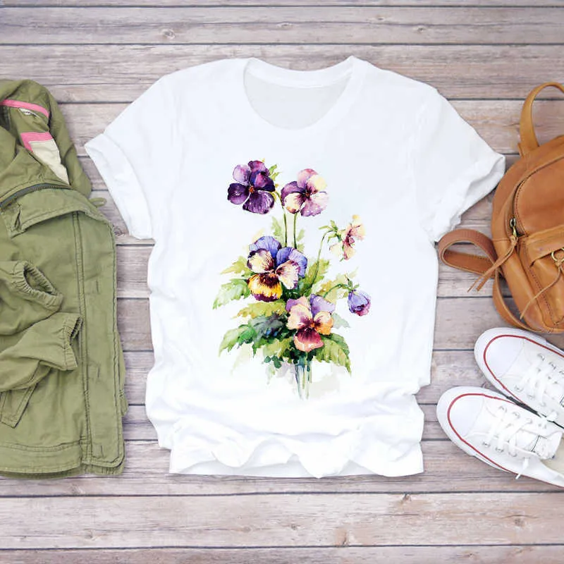 T-shirt da donna a maniche corte con stampa a fiori floreali ad acquerello T-shirt da donna T-shirt da donna T-shirt da donna T-shirt da donna X0527