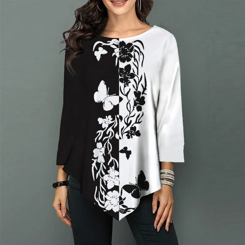 T-shirt Vintage imprimé Floral Rose pour femmes, mode décontractée, ample, surdimensionné, tunique à manches 3/4, hauts pour dames, 220226