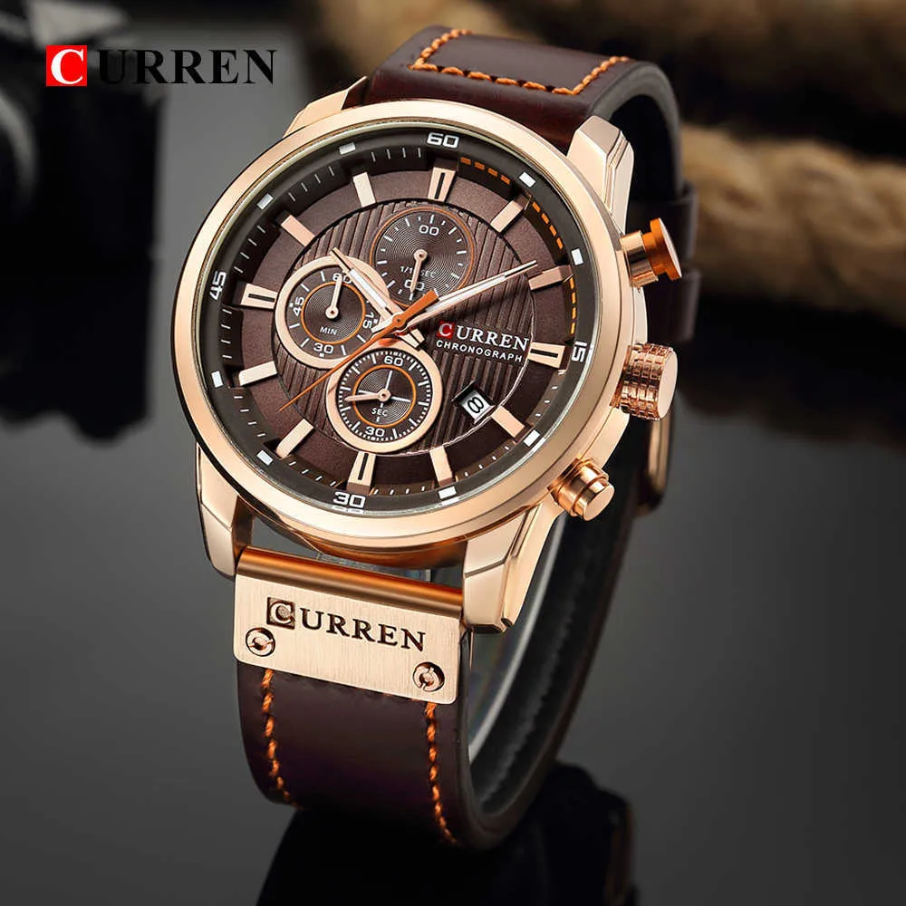 Curren 8291 Montres chronographe Montre en cuir décontractée pour hommes Mode Sport militaire Montre-bracelet pour hommes Gentleman Horloge à quartz Q0524245S