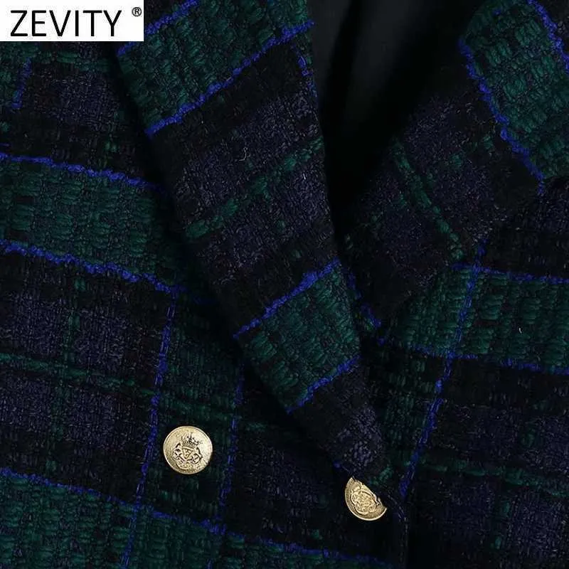 Zevity Women England Style Plaid Print Double Breasted Woolen Blazer Coat Vintage Long Sleeve Female Outerwear Chic Tops CT693 210603