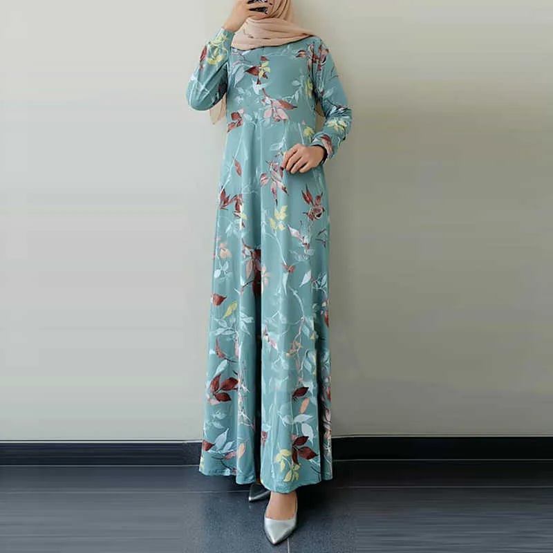 Robe longue musulmane pour femmes Vintage col rond grande balançoire imprimé floral robes femme hijab robes à manches longues robe maxi 210712