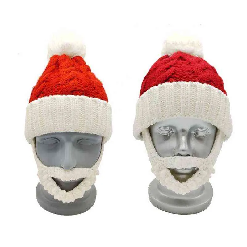 K1ME Beard Santa Hat Warm Winter Knitted Beanie Adults Kids Xmas Decorations for Cosplay Christmas Party New Year Gifts Y21111