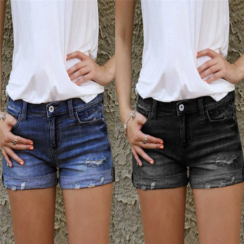 Vintage Ripped Hole Fringe Blue Jeans Denim Shorts Women Casual Button Pocket Style Short 210719