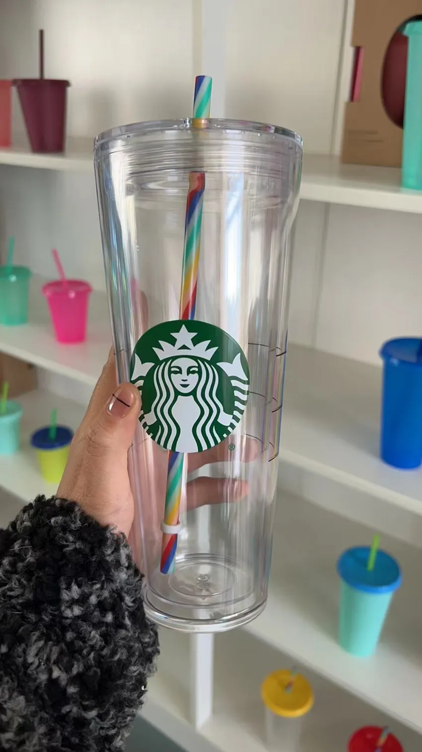 24oz Starbucks Mermaid Mug Tumblers شفافة من البلاستيك المزدوج مع إعادة استخدامها مع غطاء و STRAW2801