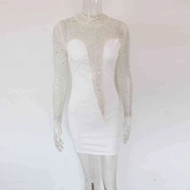 Beyprern 2021 뉴 화려한 크리스탈 미니 드레스 Womens 우아한 흰색 스팽글 패치 워크 파티 클럽 드레스 생일 의상 X0521 도매