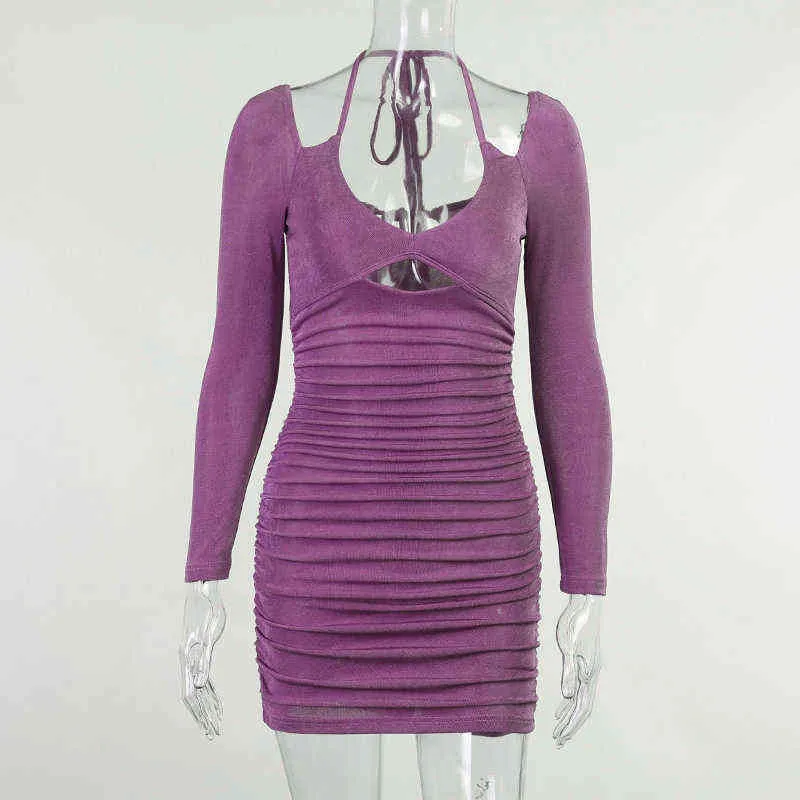 Hugcitar 2021 femmes automne mode moulante plis couleur Pure licou dos nu manches longues Mini robe femme vêtements Streetwear Y2K Y1204