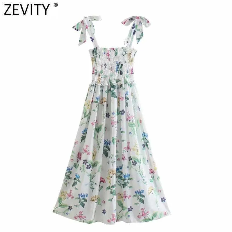 Zeefity Dames Mode Floral Print Elastische Geplooide Sling Jurk Vrouwelijke Boogdas Strap Vestido Chic Casual Summer Jurken DS8305 210603