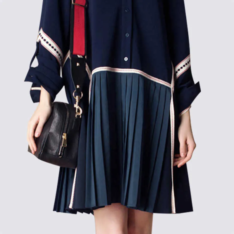 秋の韓国のストリートスタイルのシャツドレス女性の長い緩い袖プリーツプラスサイズES 210615