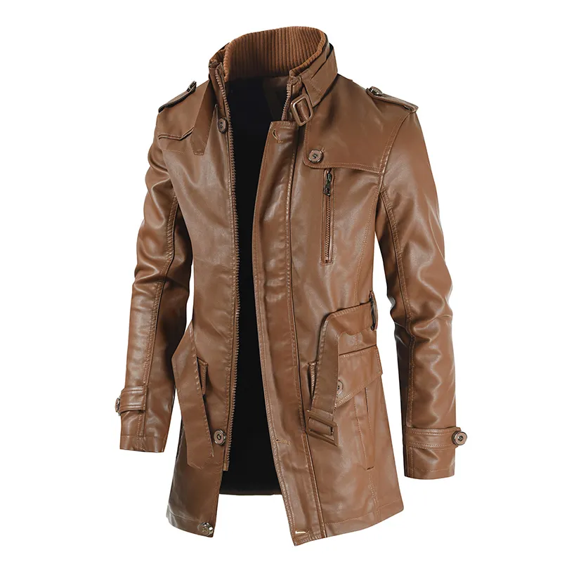 Mens mid-length leather jacket with stand-up collar plus velvet large size mens belt warm and windproof PU jacket