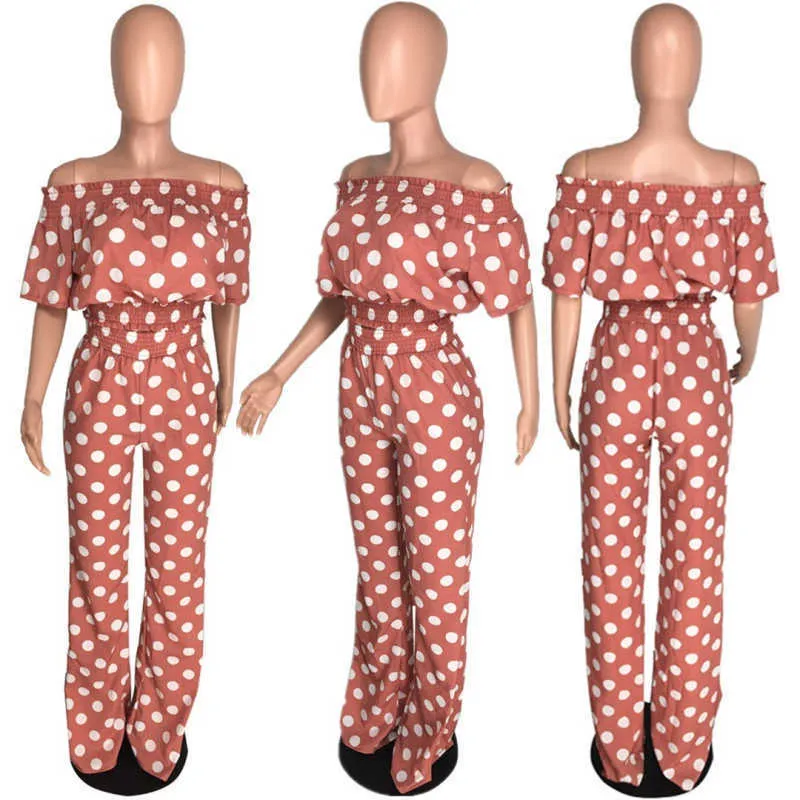 3xl plus storlek av axelkvinnor två stycken uppsättning polka dot slash neck grödor topp och golvlängd byxa set streetwear q0801