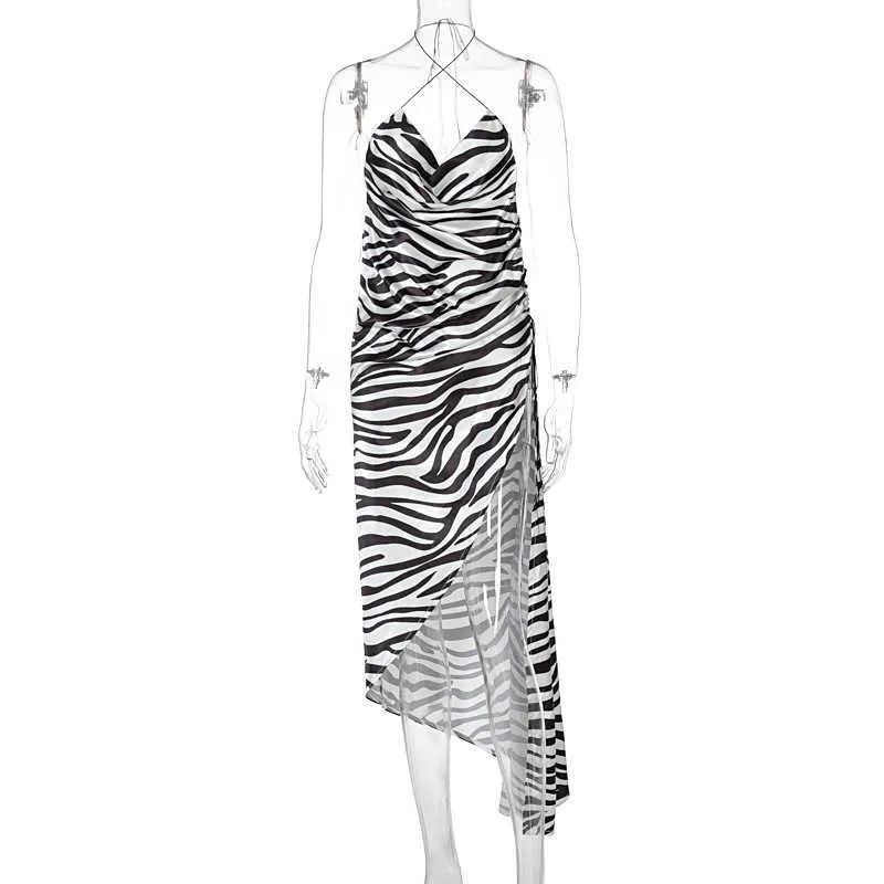 QuanRun Donne sexy senza maniche Elegante Halter Backless Zebra Print Split Abito lungo Casual Party Club Streetwear Estate 210604