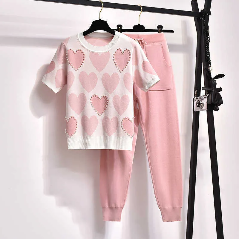 Koreanska Kvinnors Sticka Outfits Love Heart Short Sleeve Toppar + Lace Up Waist Ankel Harem Pocket Pants Sets Suit 210529