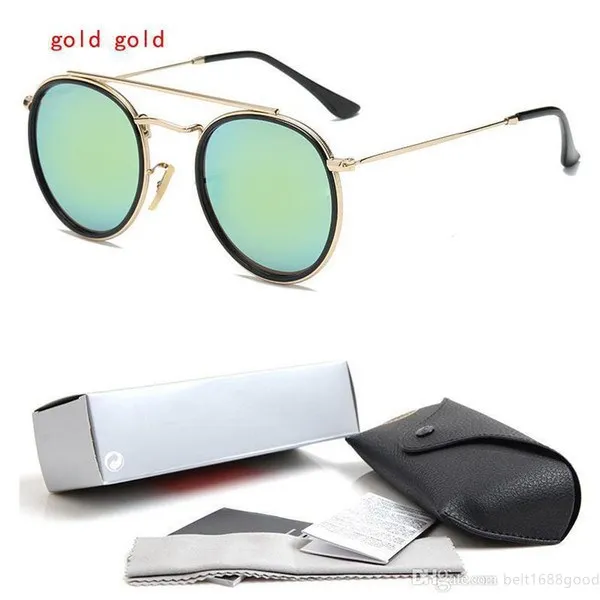 High Quality Round Style Sunglasses Alloy PU frame Mirrored glass lens for Men women double Bridge Retro Eyewear with package246L