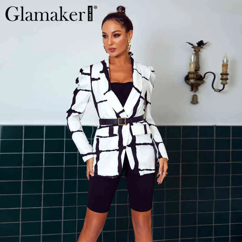 Glamaker Plaid profonde v cou sexy blazer femmes automne à manches longues blanc bureau dames blazer manteau elagent mode blazer veste 211120