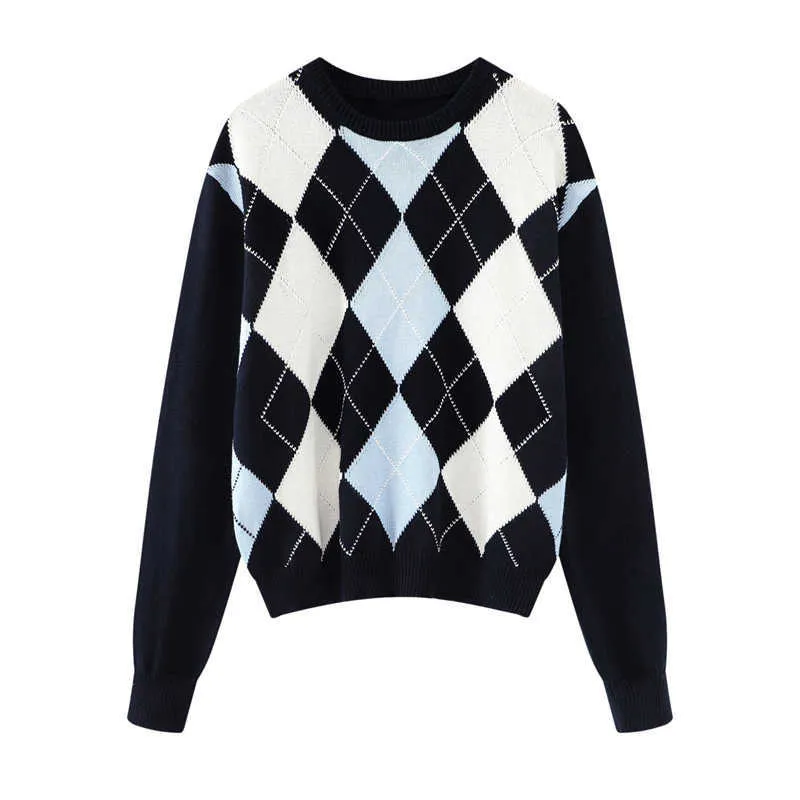 Sweet Girls Vintage Knitted Argyle Sweaters Early Autumn Fashion Ladies Pullovers Cute Women Chic Sweater Streetwear 210914