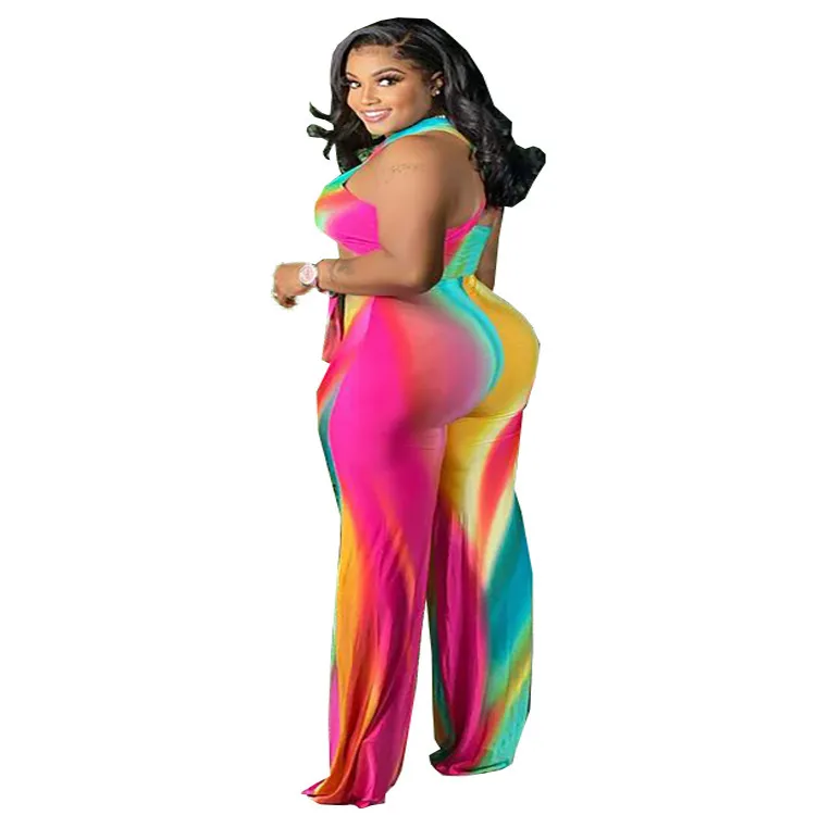 Tie Dye Beach Two Piece Outfits For Women Sets Clothes Black Girl Crop Top Tee And Wide Leg Pants Trousers Wholesale 210525