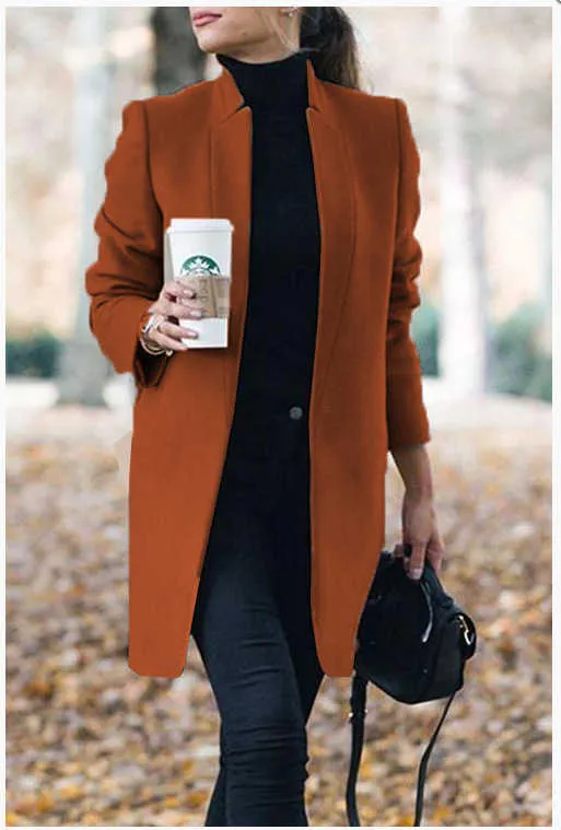 ファッションピュアソリッドカラースタンド襟ウールオーバーコート暖かいソフトプラスサイズのコート秋の女性のジャケット210930