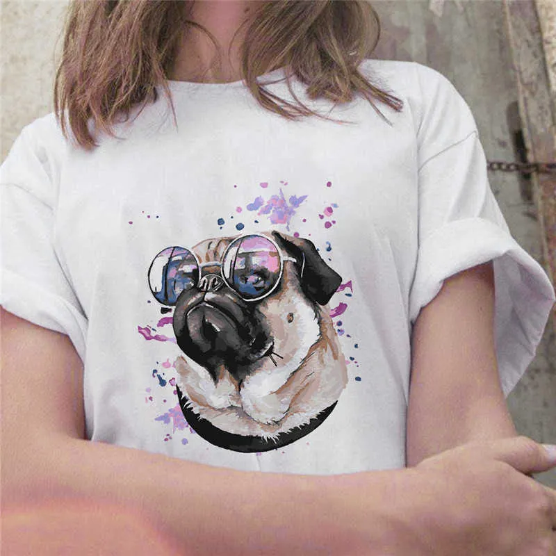 Pintura a óleo lutando impressão mulheres t-shirt de manga curta bonitinho cachorro gráfico t-shirt harajuku moda grunge t-shirt fêmea x0628