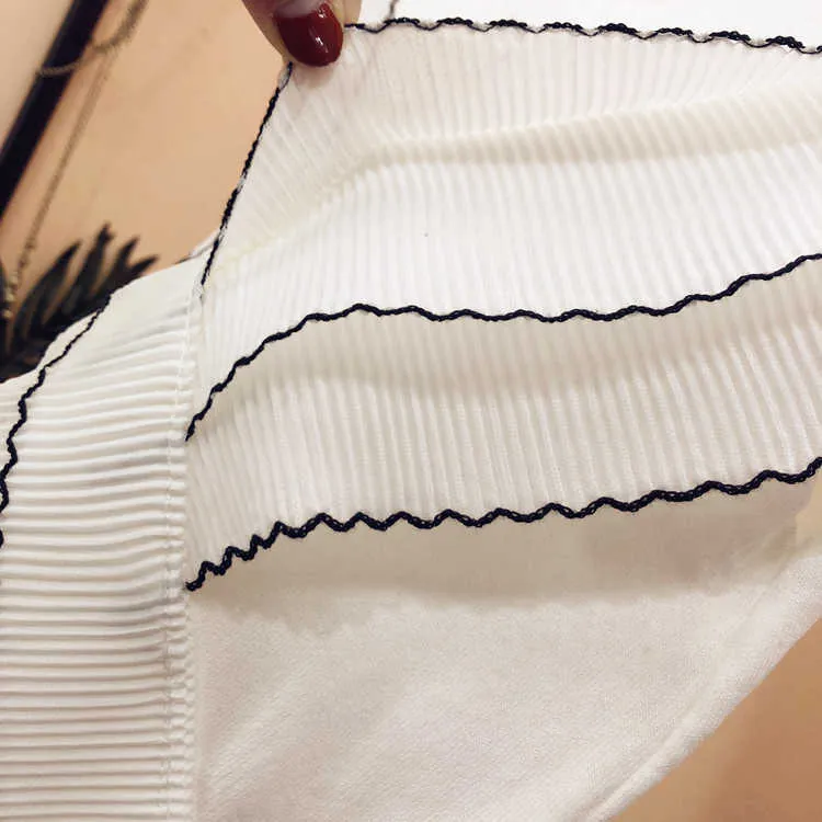 Volants à trois couches en mousseline de soie patchwork glace soie pull tricoté femmes coréen o-cou mince pull noir blanc hauts été 210918