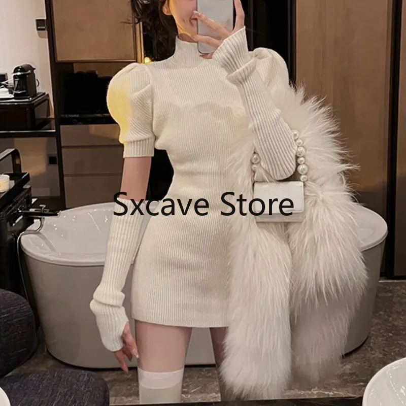 Spring Knitted Dress Party Sexy Slim Casual Y2k Mini Dress Sweater Women Design Long Sleeve Elegant Dress Korean 220311
