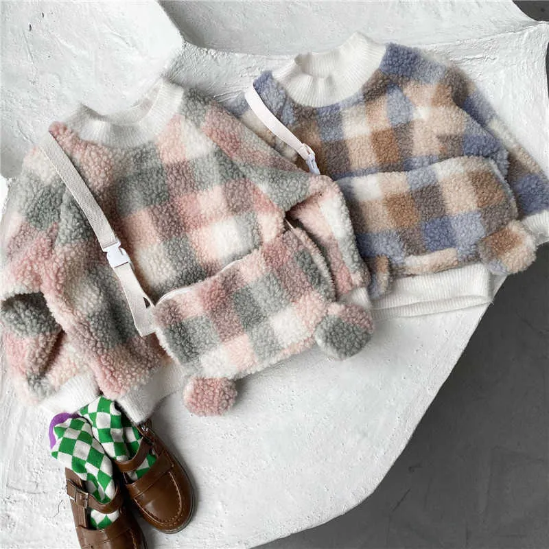 가을 겨울 아기 ​​소녀 격자 무늬 양털 스웨터와 메신저 가방 한국 스타일 두꺼운 캐주얼 따뜻한 코트 어린이 210615