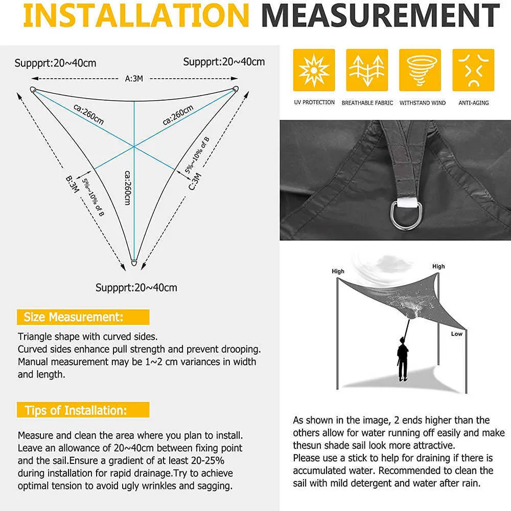 Sonnensegel 300D wasserdichter Polyester-Dreieckschuppen, geeignet für Garten im Freien, Strand, Terrasse, Schwimmbadmarkise Y0706