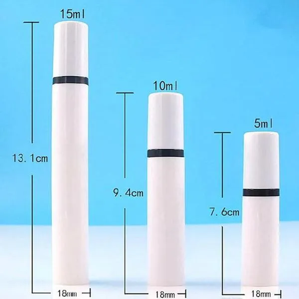 100 sztuk 5ml 10ml 15ml White Airless balsam pompy butelka z tworzywa sztucznego czarna pompa kosmetyczna packaging butelka próżniowa