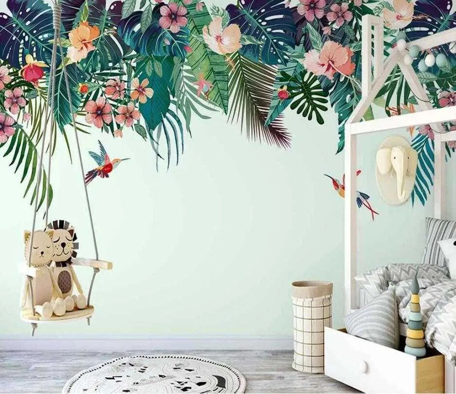 Beibehang foto behang moderne handgeschilderde tropische plant bladeren bloemen en vogels muurschilderingen woonkamer slaapkamer 3d wallpaper Q0723