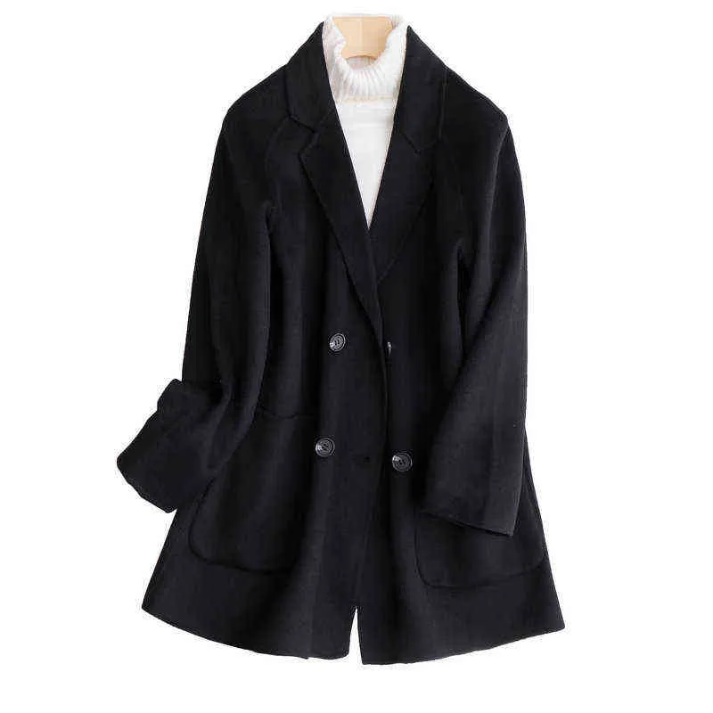女性のミディーニングコート襟ドラックスボタンデザイン100％ウールの女性灰色の黒秋のウールコートカザコフェミニノ211130