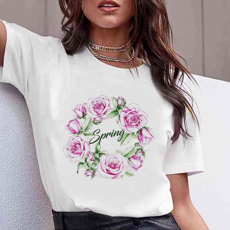 Camiseta de verano para mujer, camiseta de algodón con botella de Perfume de marca de flores, bolsa estética, camiseta estampada, pintalabios, tacones altos, camisetas de calle G220310