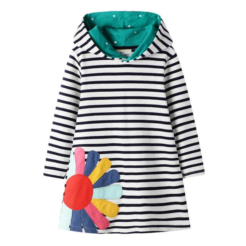 Jumping Meters Girls Hoody Dresses Flamingo Princess Cotton Clothing Stripe Children Fashion for Autumn Spring 210529