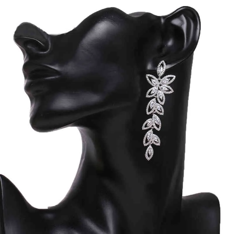 Luxury Flower Leaf Zirconia kvinnor uttalande lång droppe örhänge bröllopsfest brud dubai smycken gåva