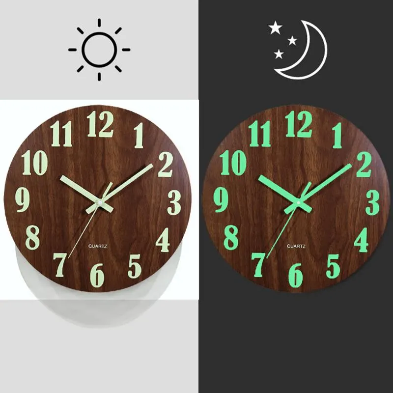 Wanduhren 12 Zoll leuchtende Uhr Holz stilles Licht in dunkler Nacht nordische Mode nicht tickend mit149t