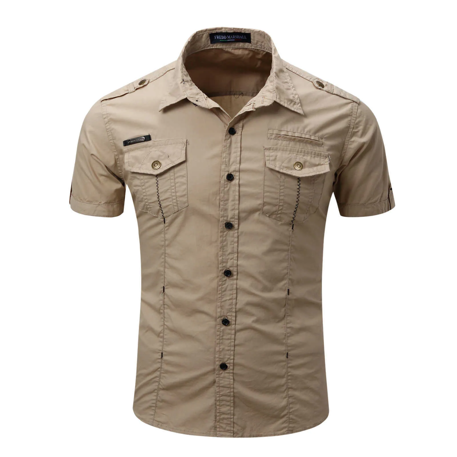 Men Military Uniform Short-sleeve Dress Cotton Shirts Work Casual Tops Male Button-down Patch Chest Pocket Lapel 210809