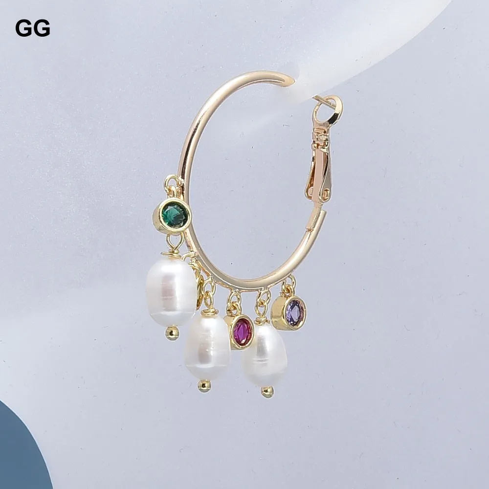 GuaiGuai bijoux naturel blanc perle de riz coloré CZ cristal plaqué or grand cercle boucles d'oreilles à la main pour les femmes