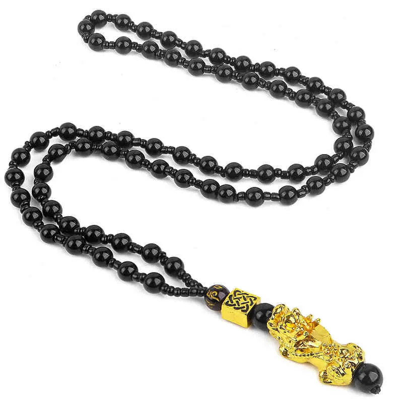 Collar con colgante de Pixiu, collar con amuleto para atraer riqueza y buena suerte, collares de cuentas de piedra de obsidiana de fe china Feng Shui G1206