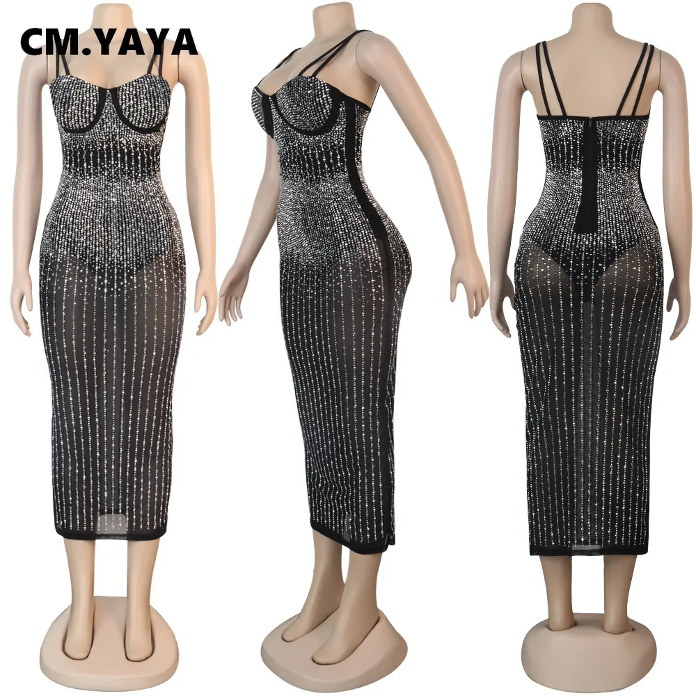 Cm.Yaya Mesh Se även Hot Rhinestones Plunge V-Neck Midi Bodycon Dress For Women Sexy Club Party Dresses Pencil Vestidos 210303