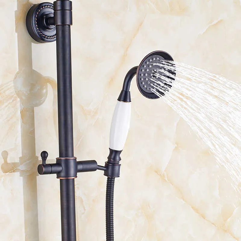 Black Retro Shower Set With Ceramic Arm Lifting Shower Set Antique Solid Brass Shower Body And Head System X0705274y