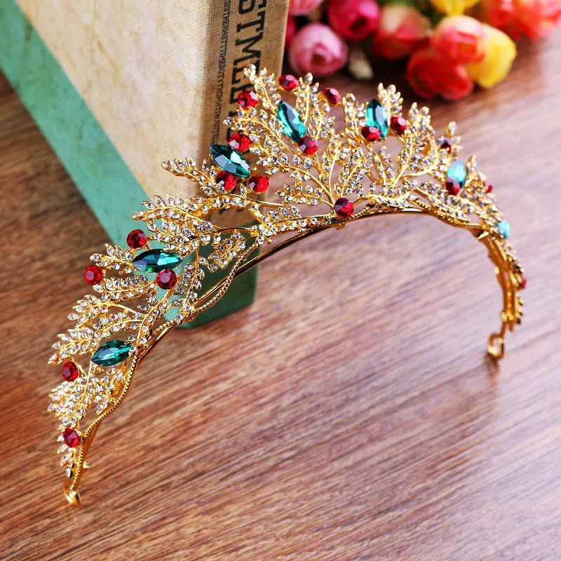 Vintage Gold Rhinestone Green Red Crystal Bridal Tiara Crown Ręcznie robione Noiva Diodem Wedding Hair Akcesoria JL T257Q