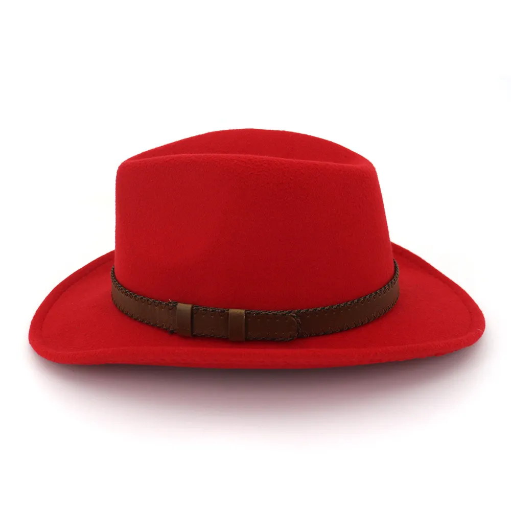 Bred Brim Wool Felt Cowboy Fedora Hats med Dark Brown Leather Band Women Män klassisk Party Formal Cap Hat Whole2326